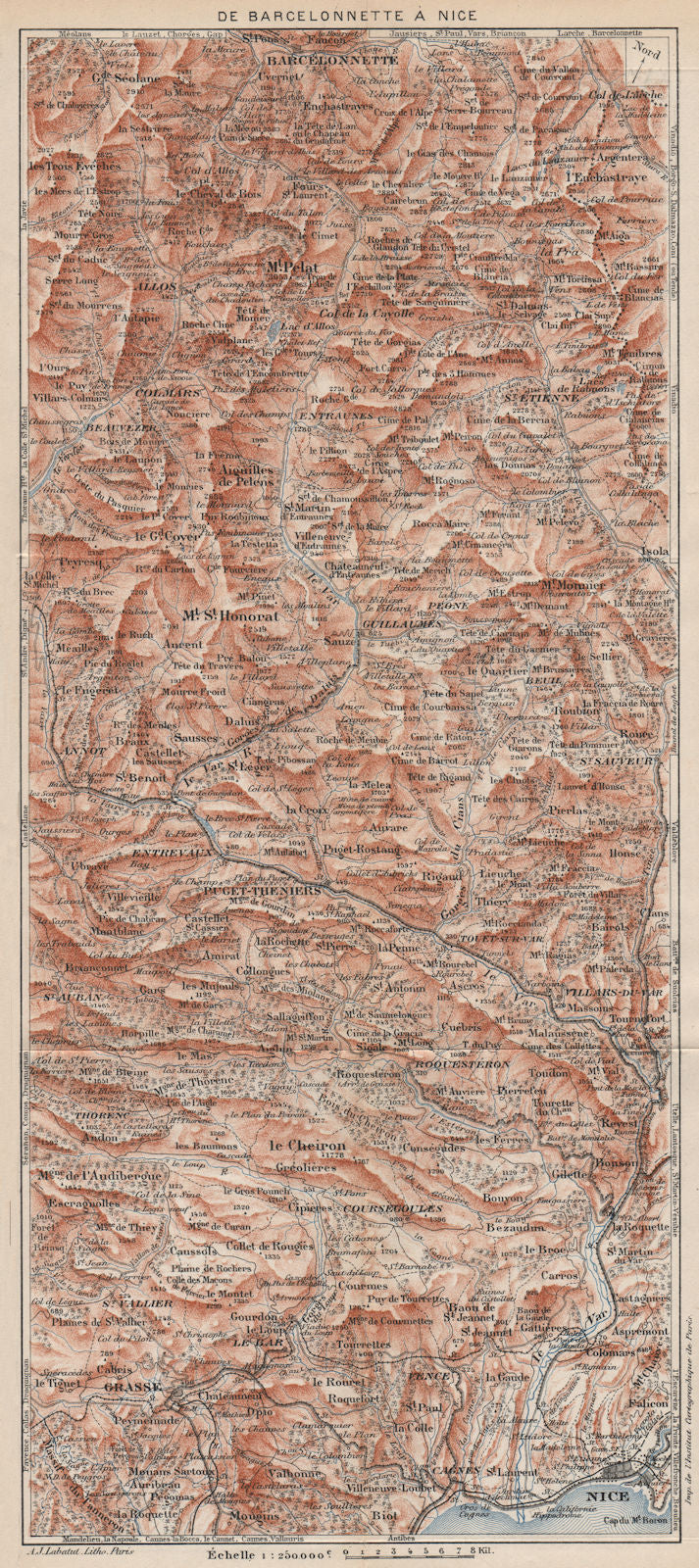 BARCELONNETTE-NICE.Isola Allos Auron.Alpes-De-Haute-Provence/Maritimes 1923 map